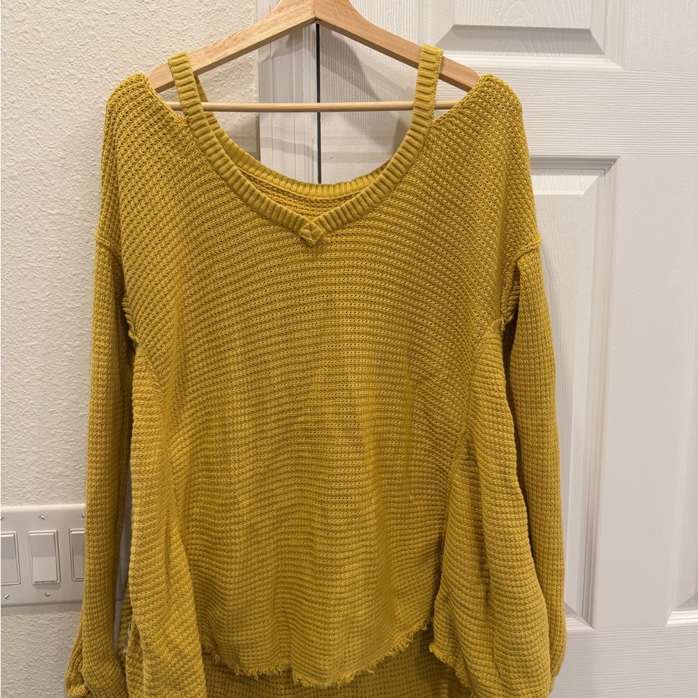 Mustard Yellow Waffle Knit Off-Shoulder Sweater Tunic